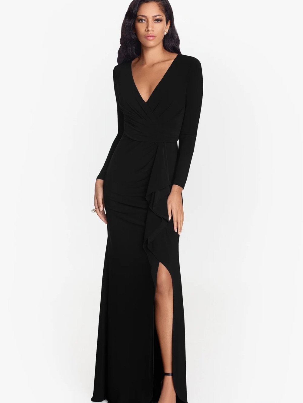 Betsy Adam Elle Black Long Sleeve V-Neck Jersey knit Cascade Ruffle Evening Gown